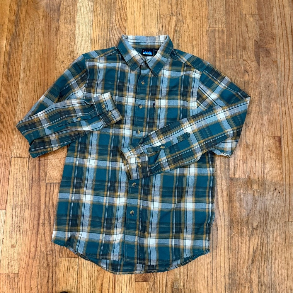 KAVU Mens S Long SLeeve Plaid Flannel Button Down Shirt Teal Green Gold Gorpcore